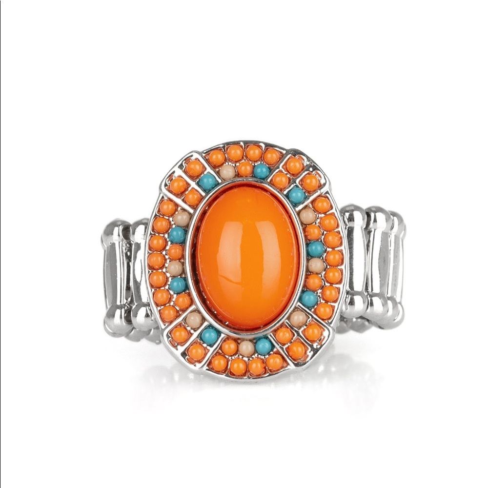Orange seed bead ring with aqua stones accent